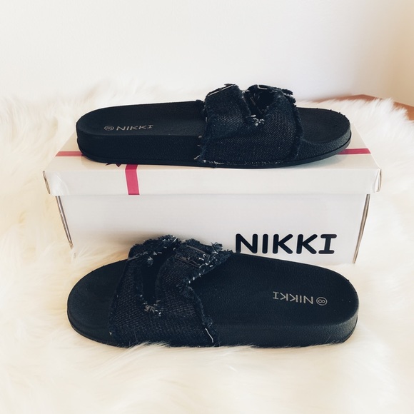 NIB Black Denim Double Buckle Slide Sandals | Women’s | Nikki | Frayed Strap - Picture 4 of 9